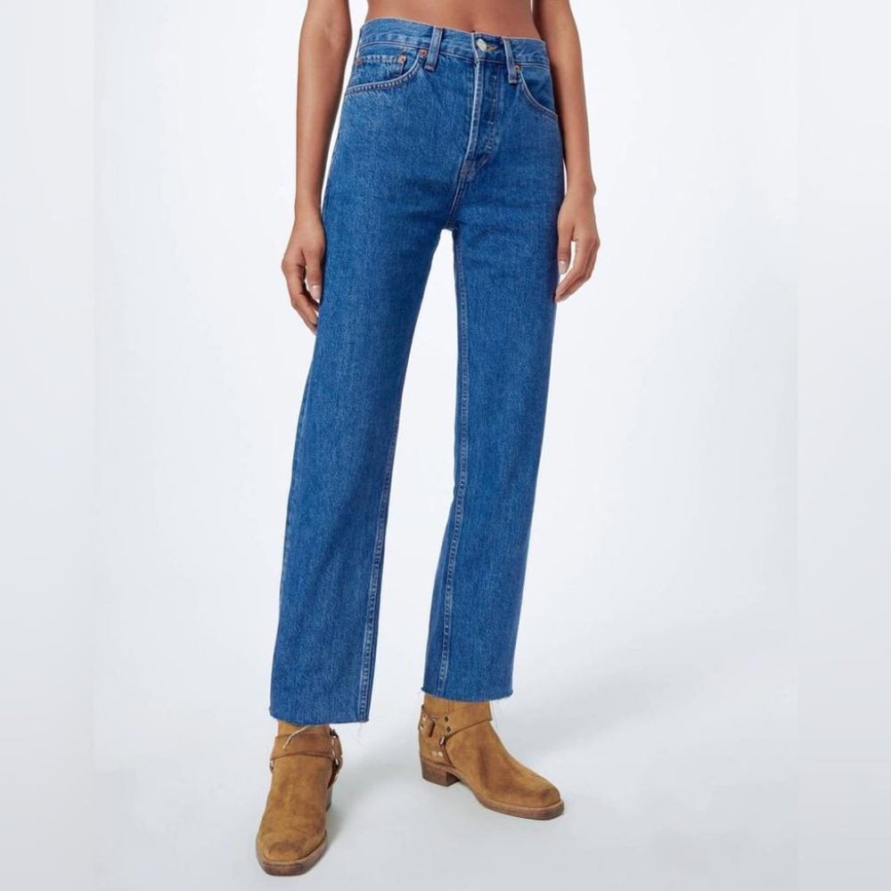 RE/DONE Originals Womens Size 25 High Rise 70s Stove Pipe Jeans Blue Raw Hem